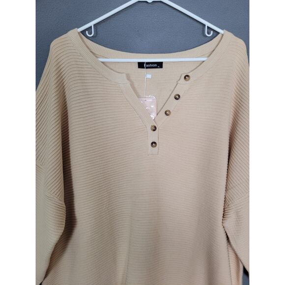 Womens Waffle Knit Sweatshirt Casual Loose Long Sleeve Henley Button V Neck XL - Picture 4 of 10